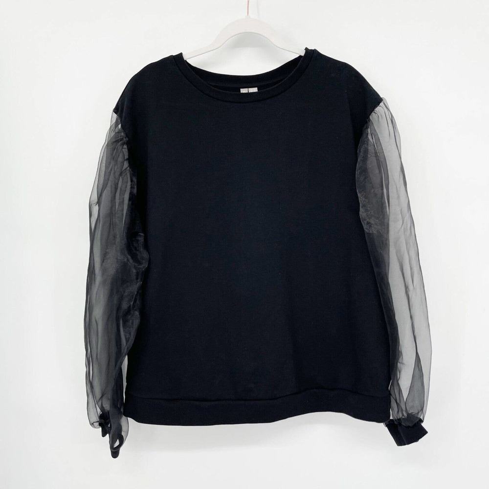 Asos Influence Sweater Size 18 Black Organza Long Puff Sleeve Pullover Cotton